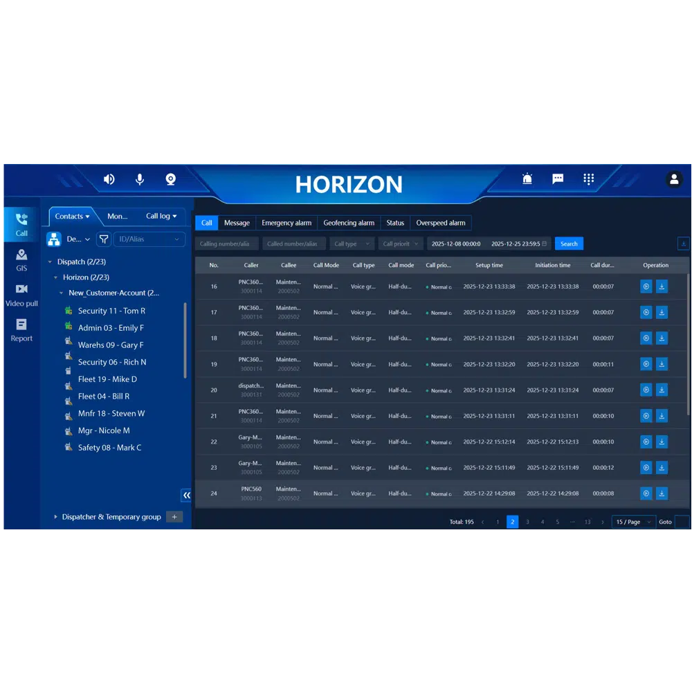 HORIZON Dispatch reporting and logs screen