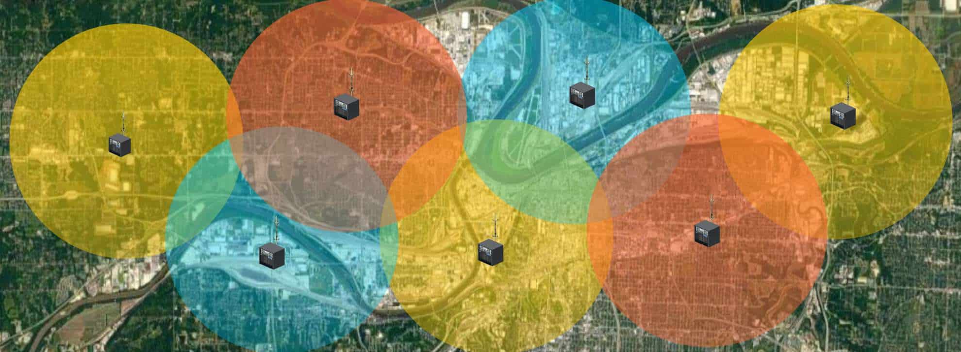 Coverage map of an Specialized Mobile Network (SMR) using multiple BSCU base stations