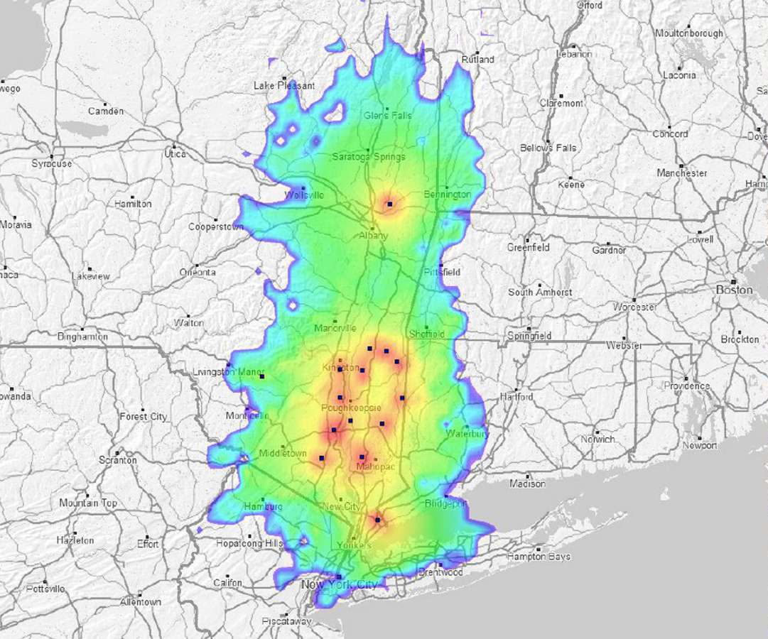 Wide-area coverage map showing the range of a DMR Tier III SMR two-way radio network in Eastern New York