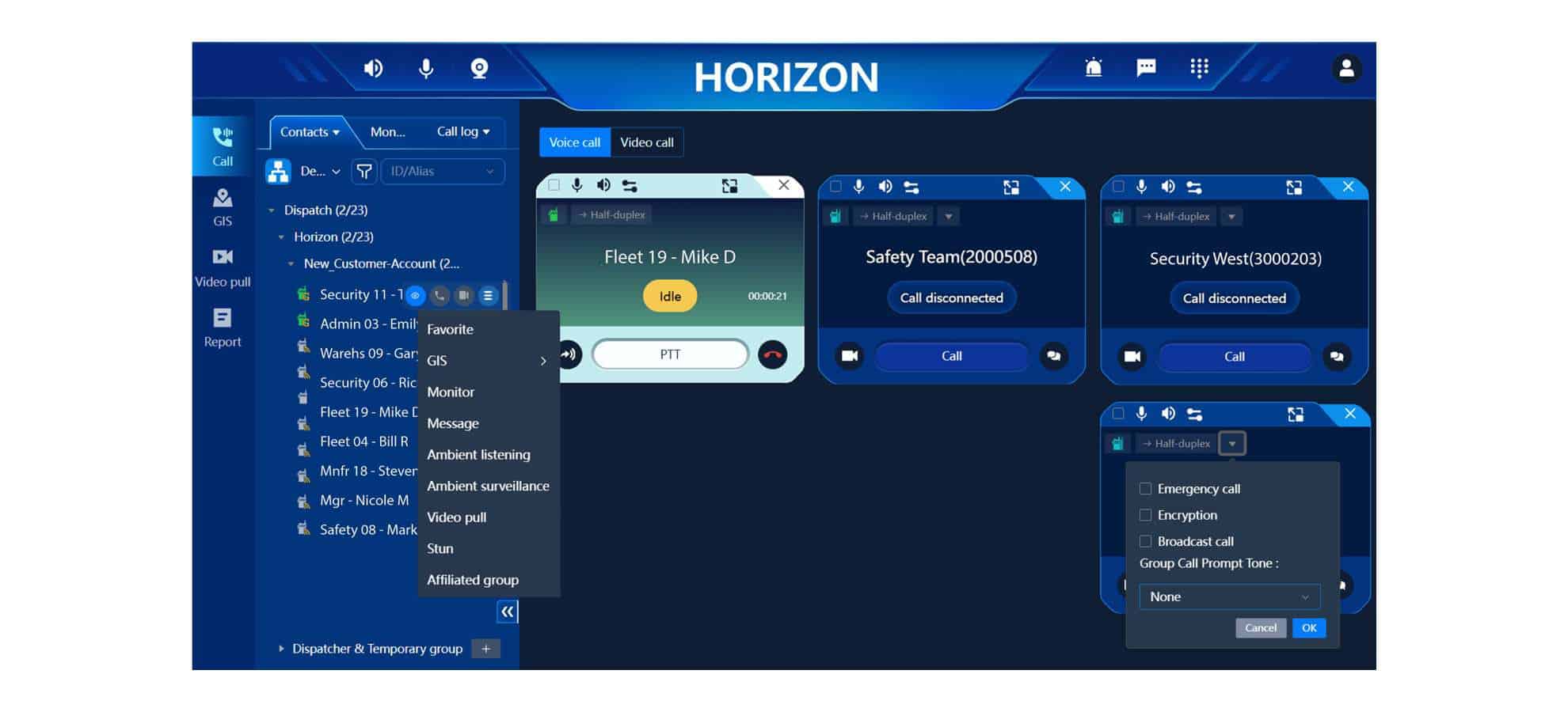 PoC dispatch screenshot of multiple group call tiles