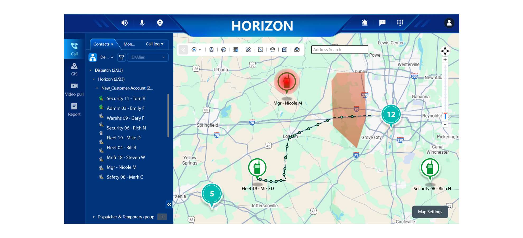 The image shows a map interface displaying various locations and contacts, including addresses, dispatch details, and personnel names, along with functionalities such as call logs and video pulls. AI-generated content may be incorrect.