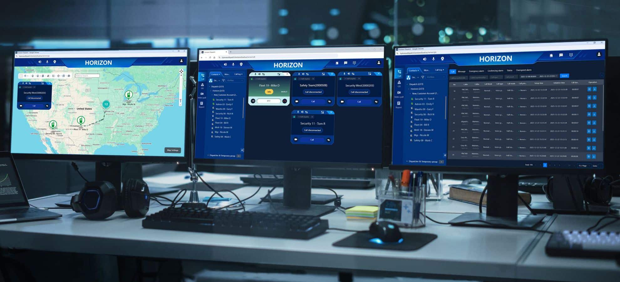 Web-based PoC dispatch application displayed on multiple computer monitors