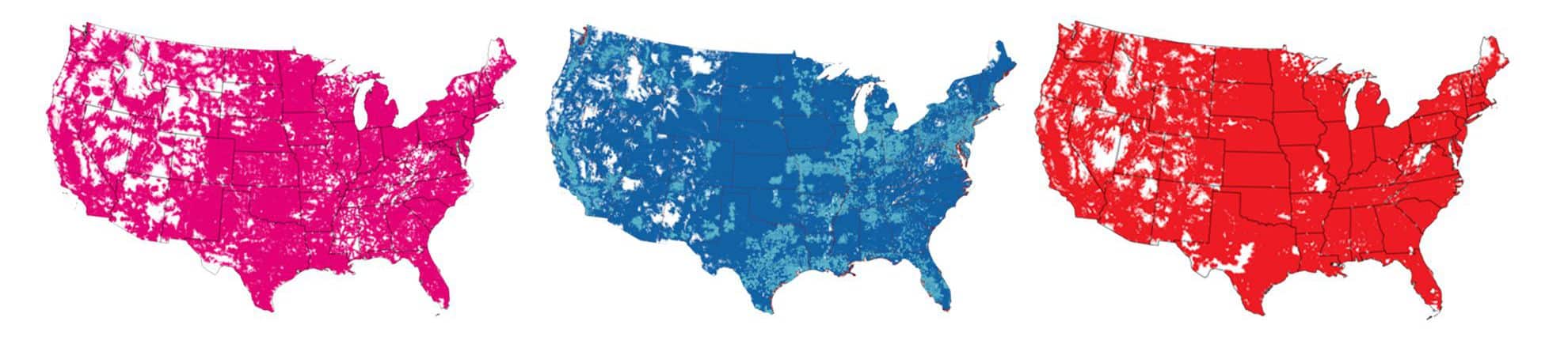 Nationwide coverage maps from the three major Mobile Carriers in the US