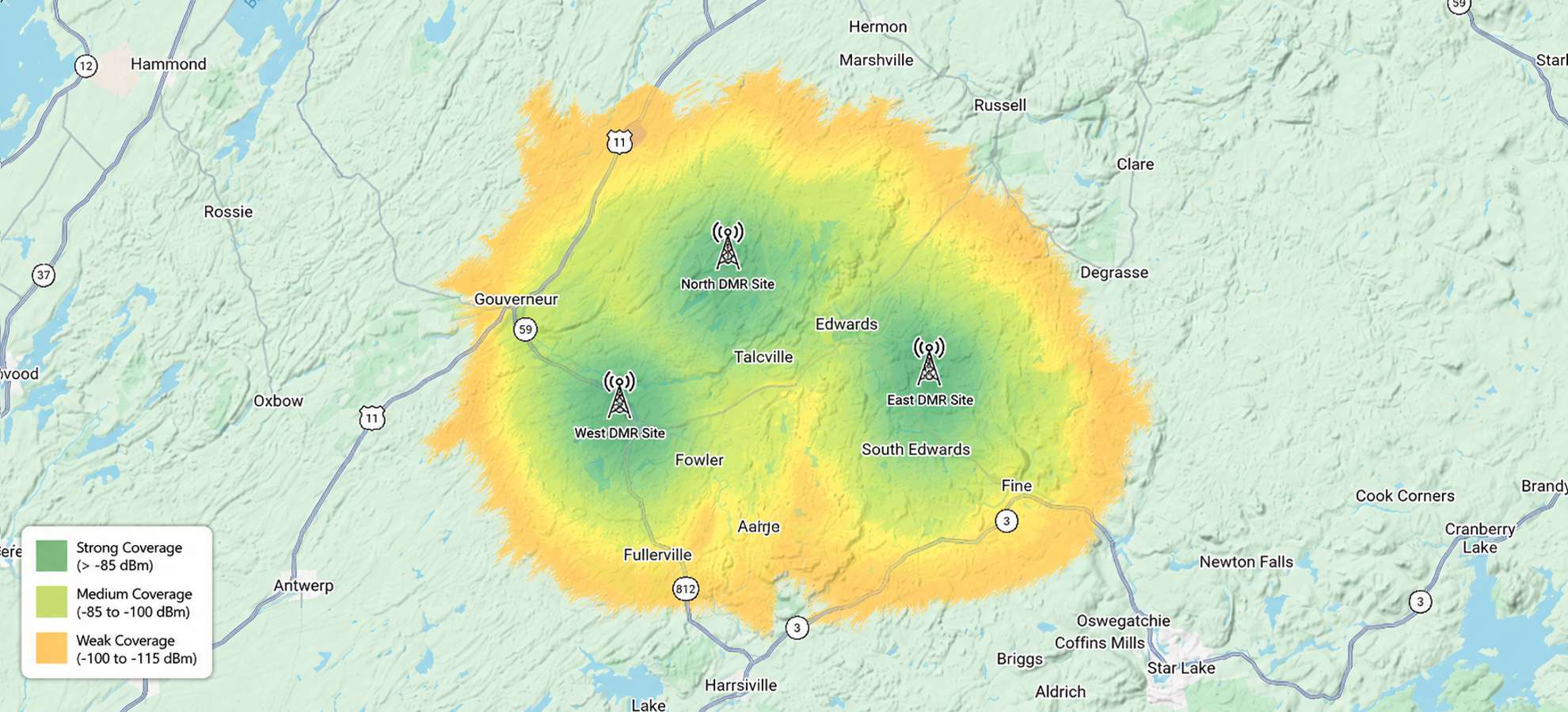 A representative example of the range and coverage provided by an overlapping group of two-way radio repeater sites connected over an IP network.
